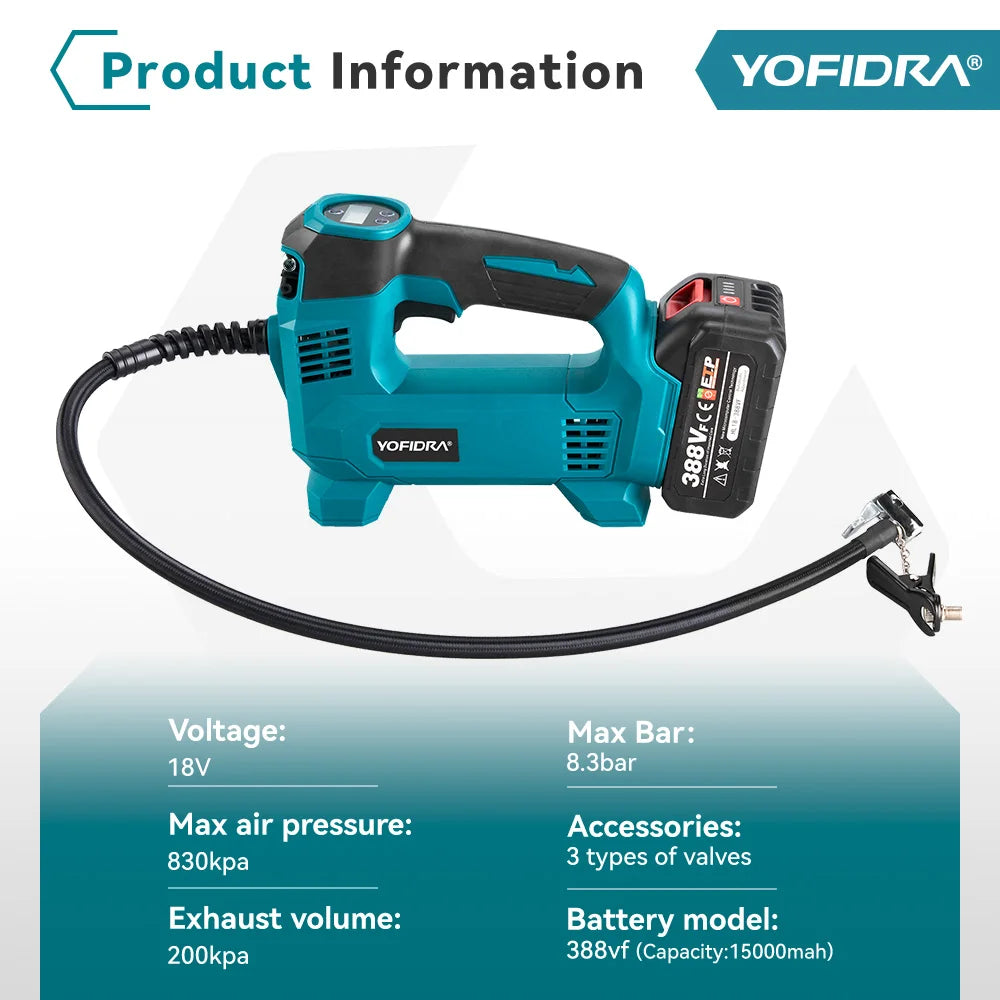 YOFIDRA High Pressure Air Inflatable Tire Inflator Compressor Digital Display Cordless Car Tyre Inflator For Makita Battery Pin